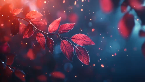 Cinematic macro study of glowing red foliage on bokeh field.