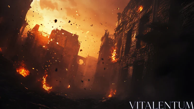 Urban warzone street corridor engulfed in structural fires