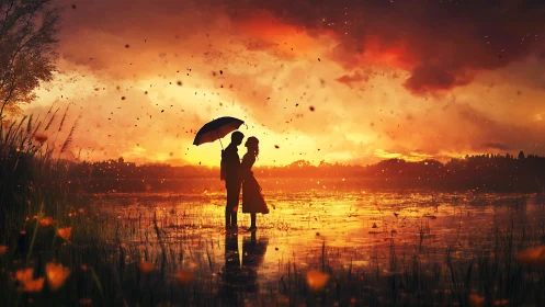 Silhouettes Under Umbrella at Fiery Sunset Over Water.