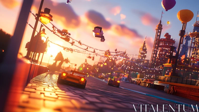 Sunset pixel racers speed through a glowing blocky city