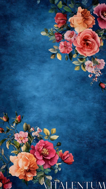 Vibrant Florals Dancing Across Deep Blue Canvas.