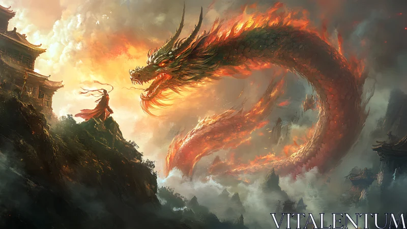 Epic fantasy digital painting of fiery celestial dragon duel.