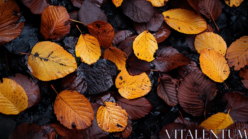 Golden leaves trade secrets with rain-dark forest floor