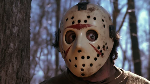 Wide-eyed hockey mask lurker startles the quiet forest