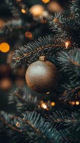 Golden bauble macro on fir branch with warm bokeh lights.