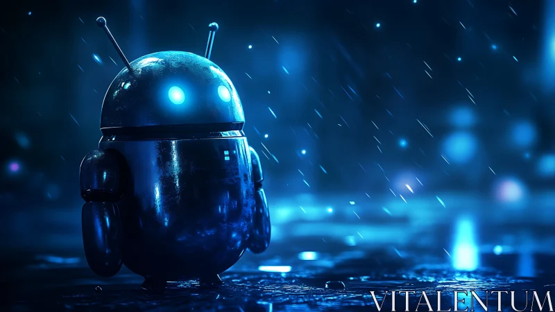 Luminescent rain‑soaked android mascot in neon bokeh field.