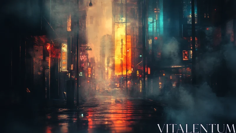 Neon rain drifting through a misty midnight city street.
