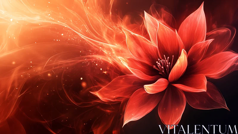 Luminous fiery flower bursts through swirling ember light.