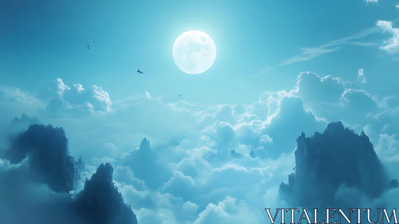 Lunar-lit aerial cloud sea with towering karst peaks and birds