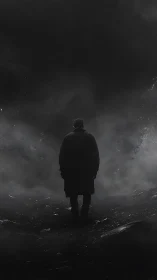 Solitary human figure stands in dense monochrome fog field