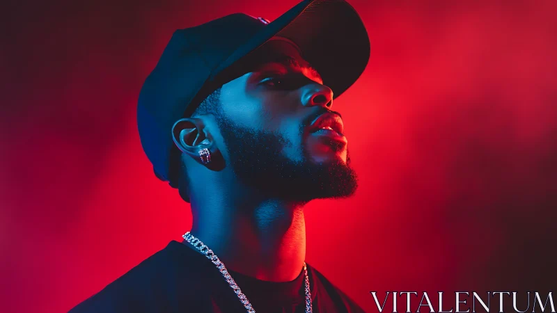 Portrait captures man in cap under vivid red blue lighting