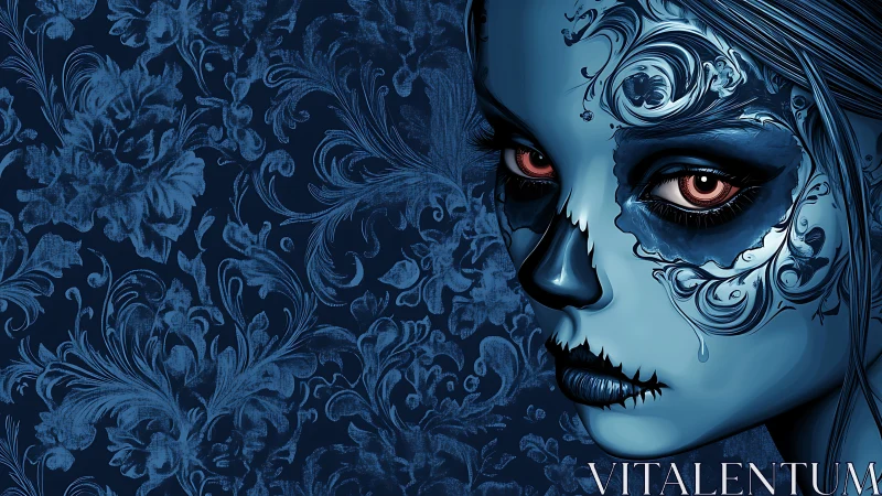 Midnight sugar skull muse in swirling indigo florals.