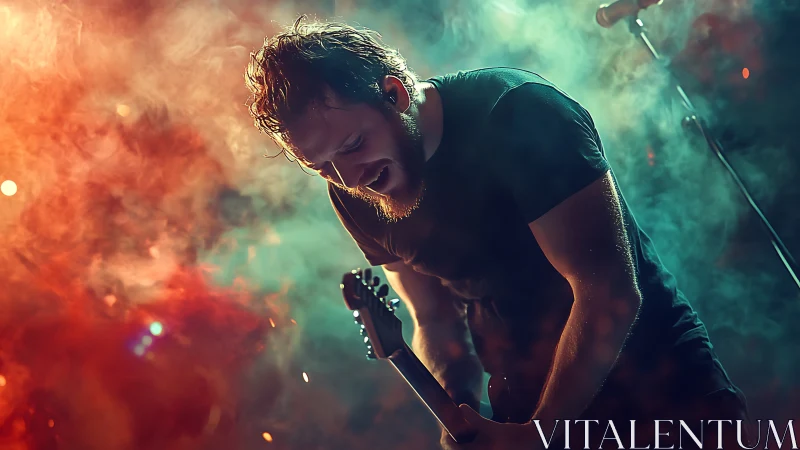 Smoke-lit guitarist bends into a fierce electric night solo.