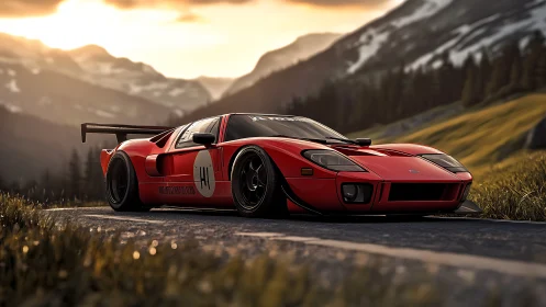 Low-slung red race-modified supercar with aero kit on alpine road