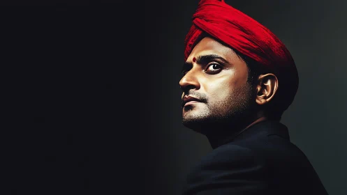 Portrait of man in red turban against dark background.