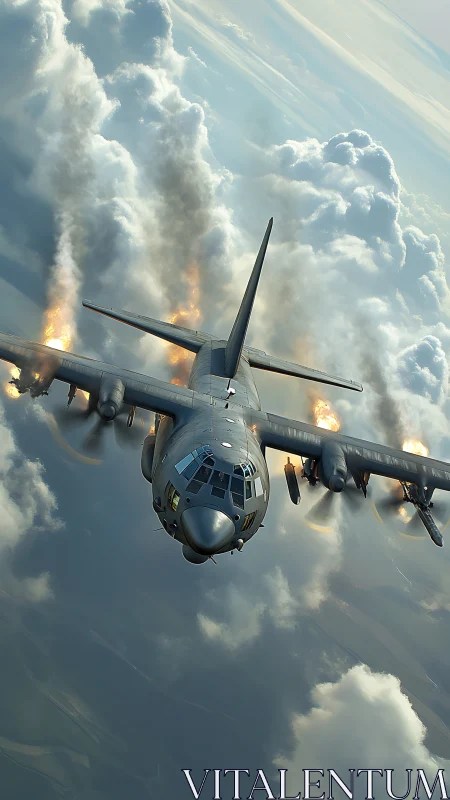 Military turboprop aircraft in banked flight over clouds.