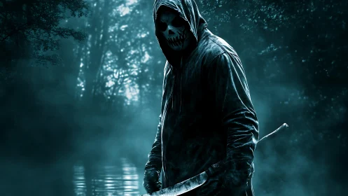 Digital horror slasher figure in foggy forest composition.