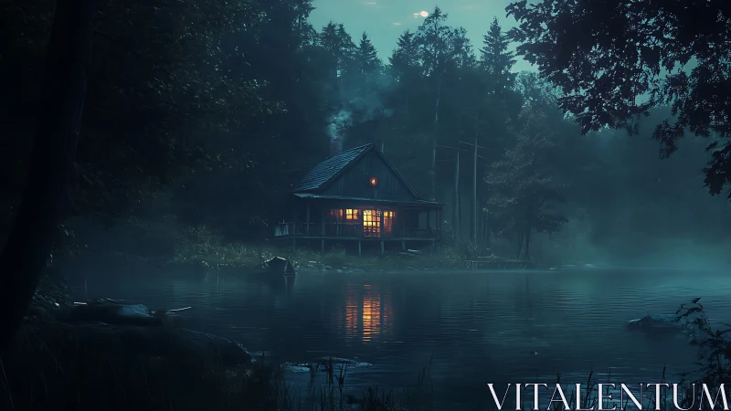 Digital painting of misty lakeside cabin with warm core lighting.