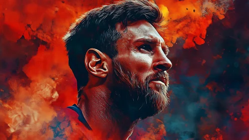 Intense football portrait rises from fiery abstract clouds