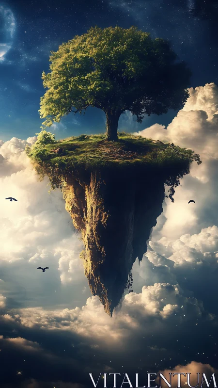 Isolated floating landmass with single mature tree above clouds.