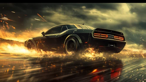 Muscle car powers through rain-soaked road in fiery motion