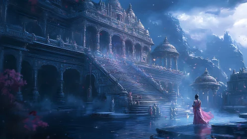 Mystical mountain temple complex with lone robed figure.