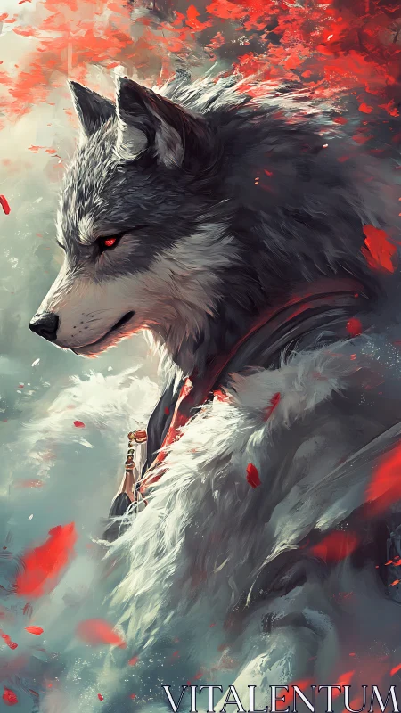 Armored wolf warrior amid drifting red petals.