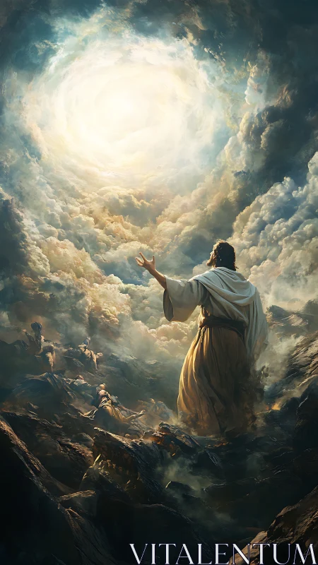 Robe-clad figure stands amid ruins beneath radiant sky vortex