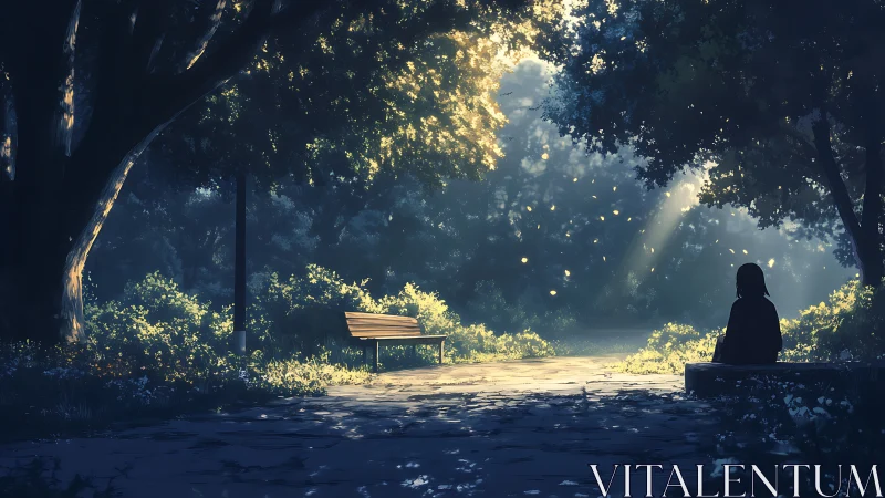 Quiet morning light in a peaceful forest park clearing.