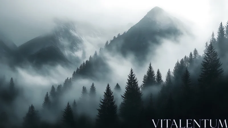 Misty evergreen mountains fade into a soft monochrome sky.