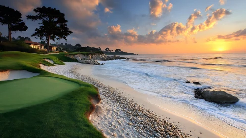 Sunlit coastal golf green beside serene evening surf.