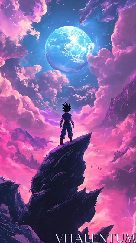 Stargazing warrior quietly greets a glowing world above