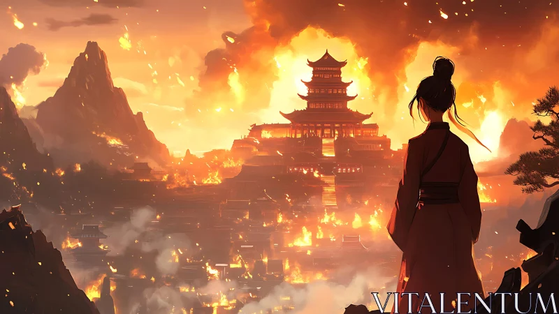 Young warrior watches a burning mountain palace at dusk.
