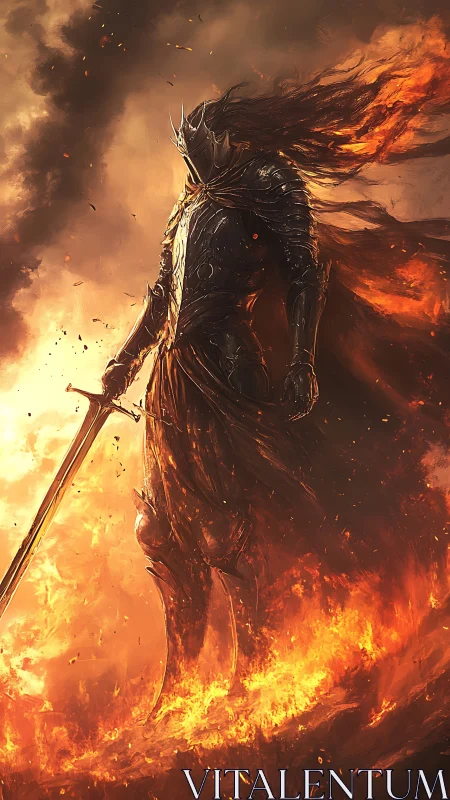 Flaming dark knight rises from inferno with blazing sword.