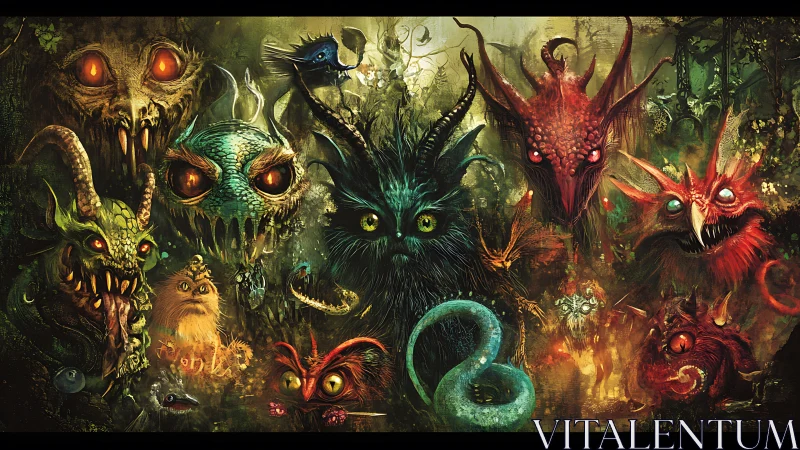 Mystical forest creatures gather in a glowing monster menagerie