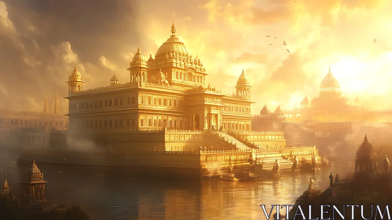 Golden river palace glows like a dawn-forged crown