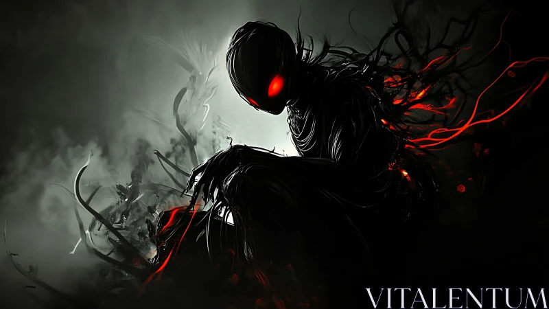 Shadow entity crouches amid burning red tendrils.