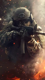 Armored soldier aims rifle through smoke and rising embers