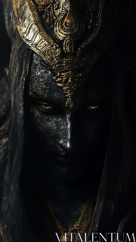 Dark-robed metallic deity portrait with ornate weathered gold crown