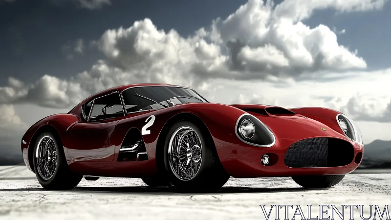 Red vintage race car on open landscape under clouds.