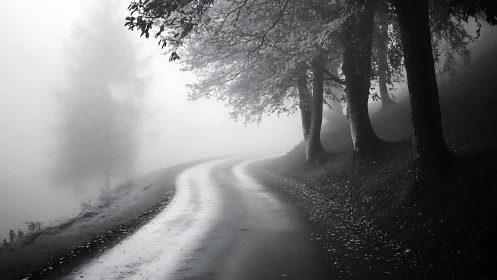 Foggy wet asphalt road curving through monochrome forest at dawn