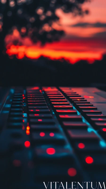 Backlit laptop keyboard with red bokeh lights at sunset
