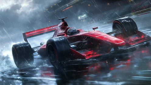 High-downforce red F1 car cornering aggressively on wet circuit
