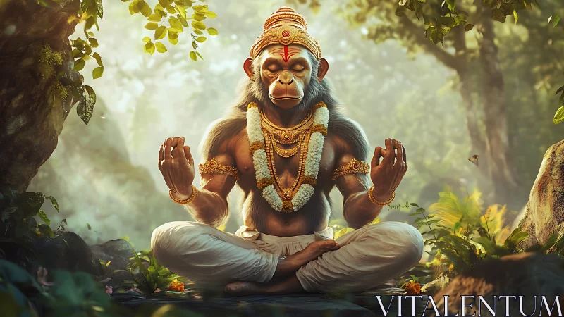 Meditating simian deity with gold regalia in lush forest grove
