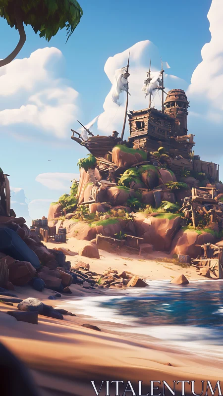 Photorealistic Steampunk Fortress with Weathered Wooden Architecture Emerging from Rocky Coastal Ter