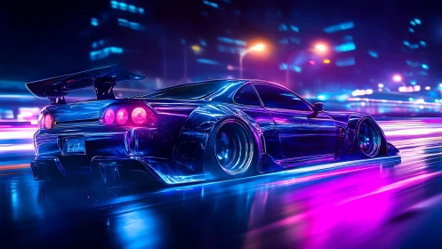 Neon street racer cuts through futuristic city at speed