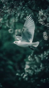 White Seabird in Flight with Feather Detail Against Teal Foliage.