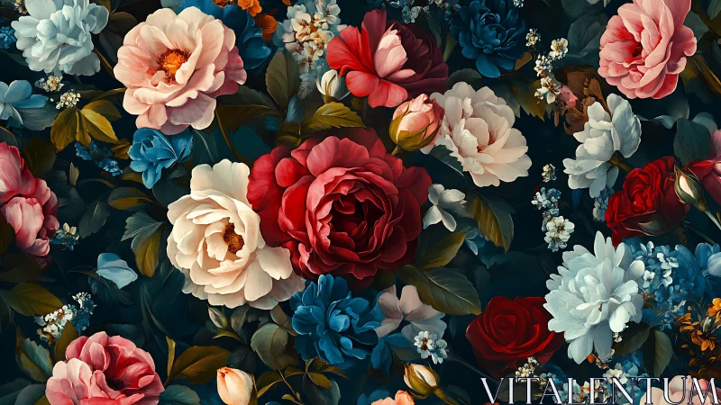 Luxuriant Garden of Red, Pink, Blue Blooms on Deep Background