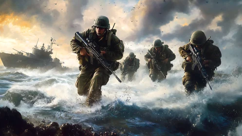 Armed soldiers advancing through surf from naval vessel.