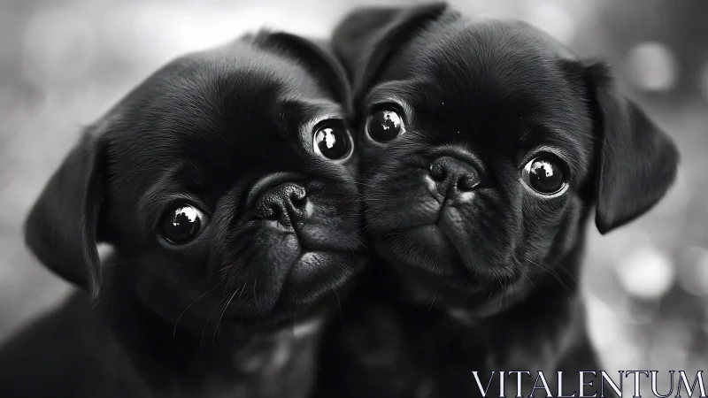 Adorable twin black pug puppies sharing one sweet cuddle.